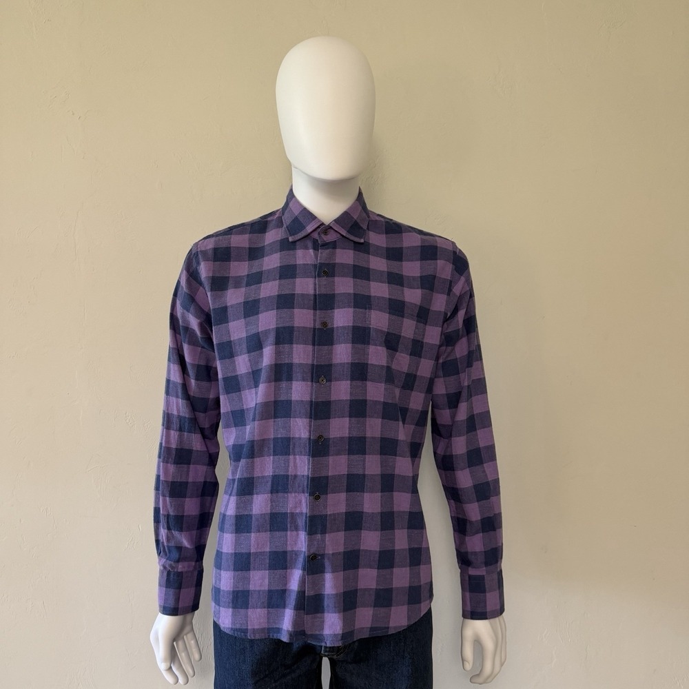 Peter Millar Purple Navy Plaid Cotton Flannel Button-Up Men Shirt size M - Picture 2 of 14